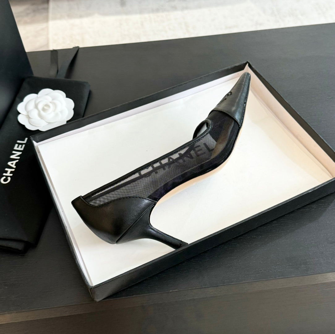 cc pump 6cm black transparent fabric lambskin