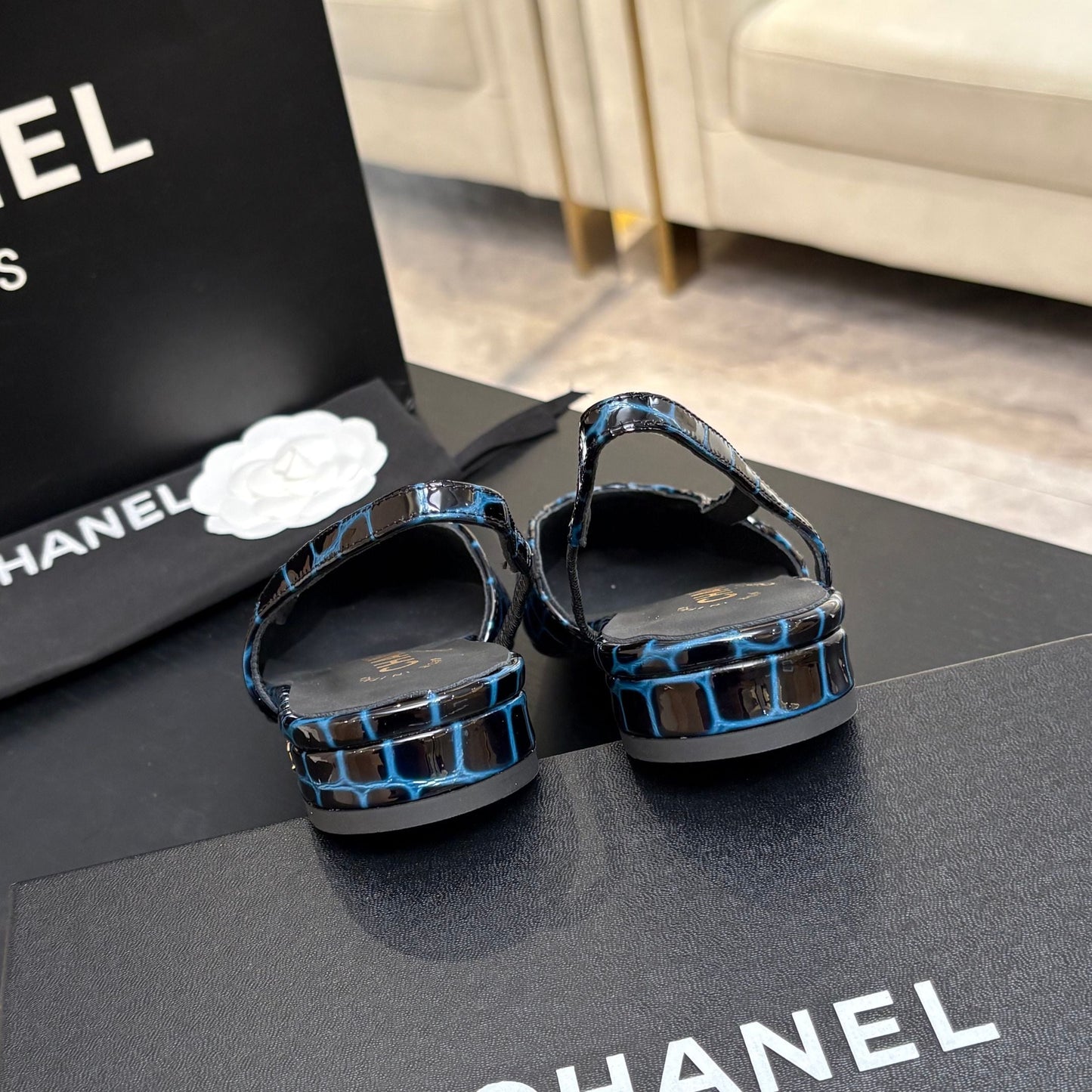 CC 26s Classic Slingback Flat Black Blue Crocodile Embossed Patent Leather 907633