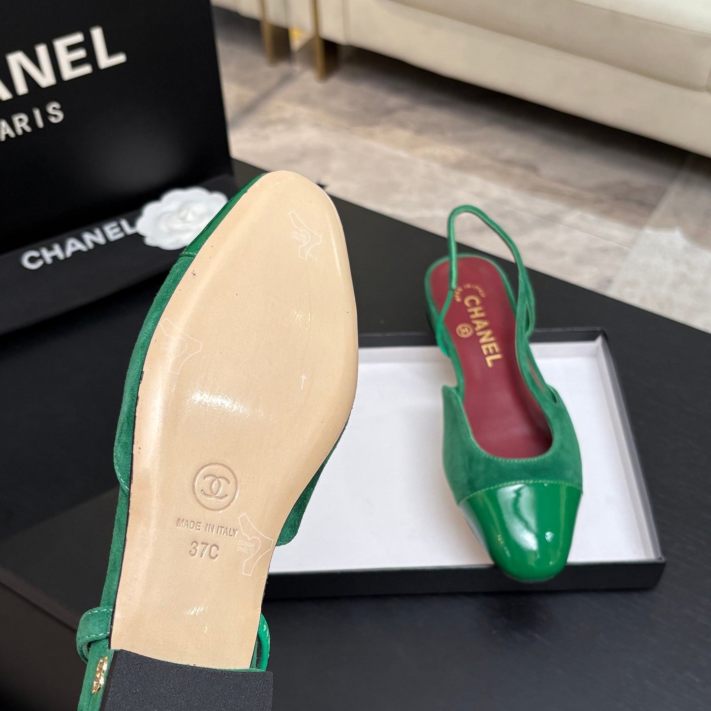 CC 26s Classic Slingback Flat Green Suede Patent Leather 907644