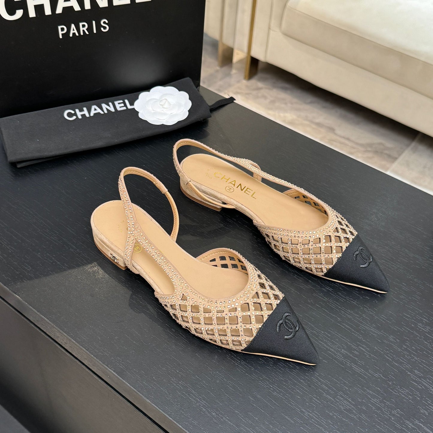 CC 26s Rhinestone Slingback Flat Shoe Beige Black Suede Canvas 907695