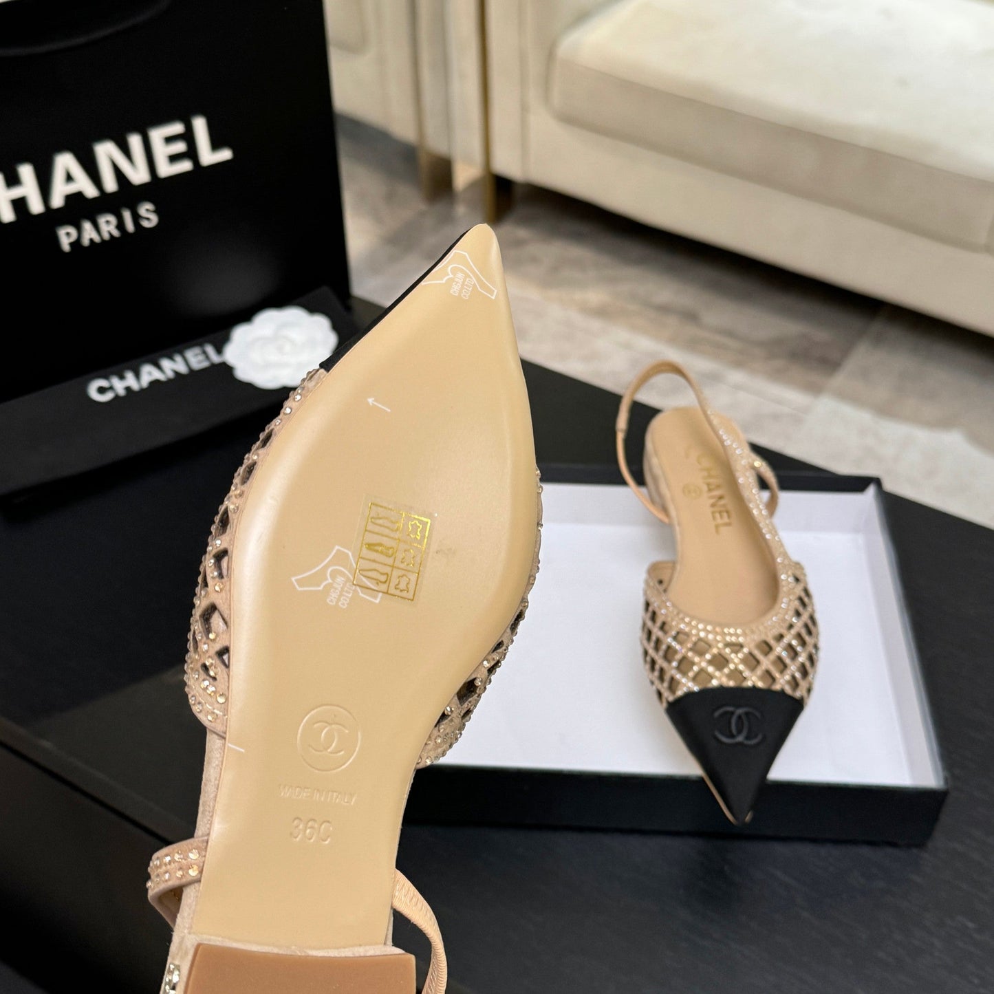CC 26s Rhinestone Slingback Flat Shoe Beige Black Suede Canvas 907695
