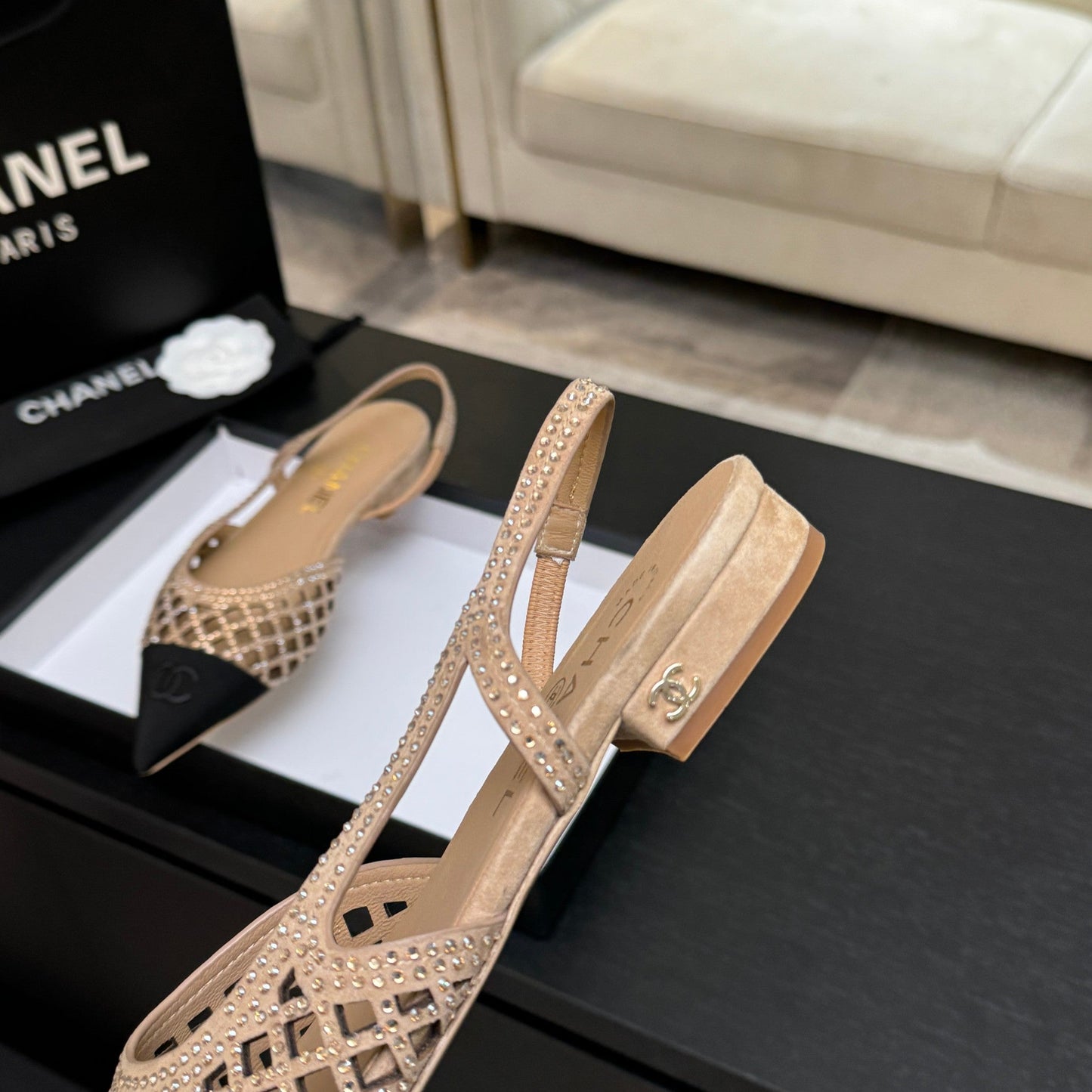 CC 26s Rhinestone Slingback Flat Shoe Beige Black Suede Canvas 907695