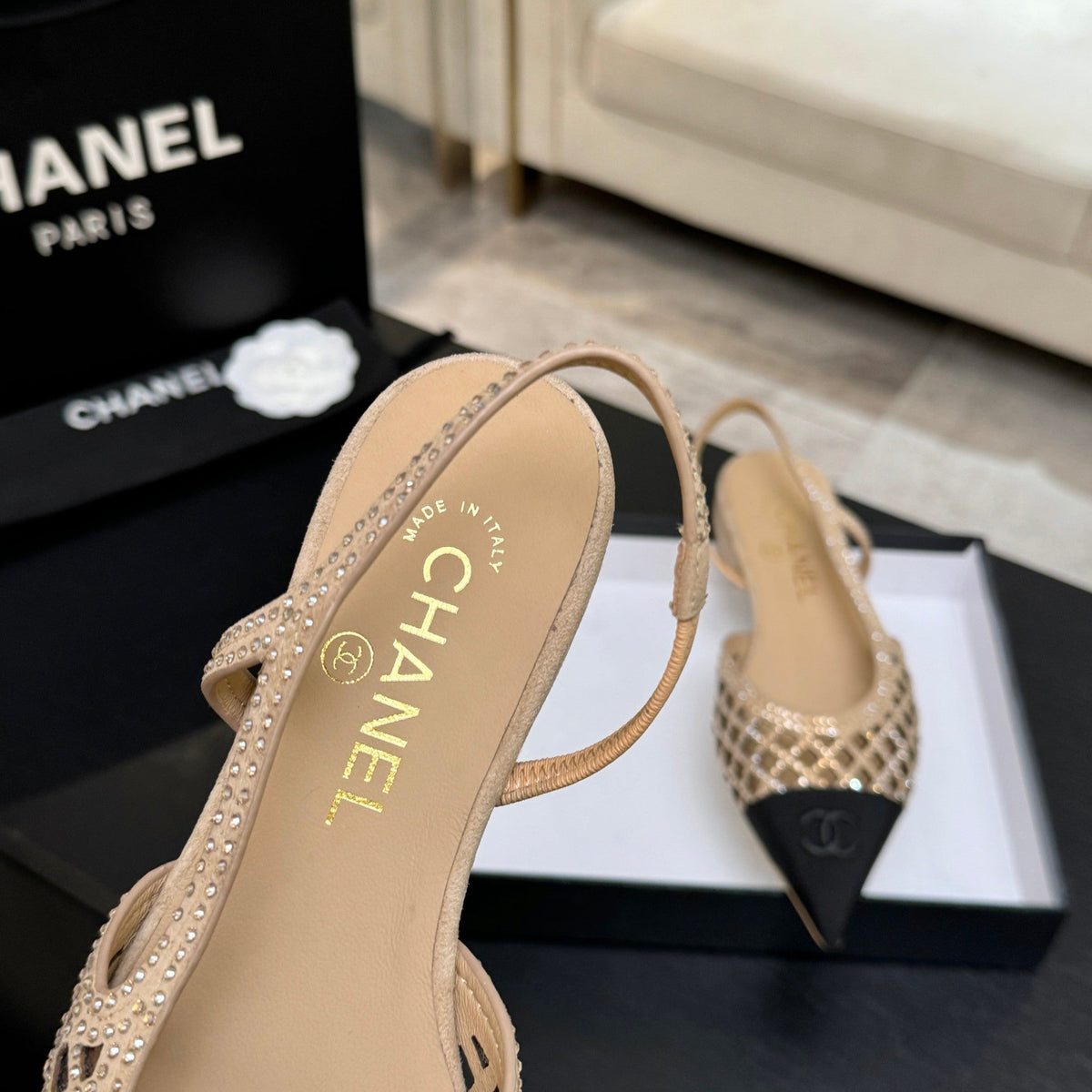 CC 26s Rhinestone Slingback Flat Shoe Beige Black Suede Canvas 907695