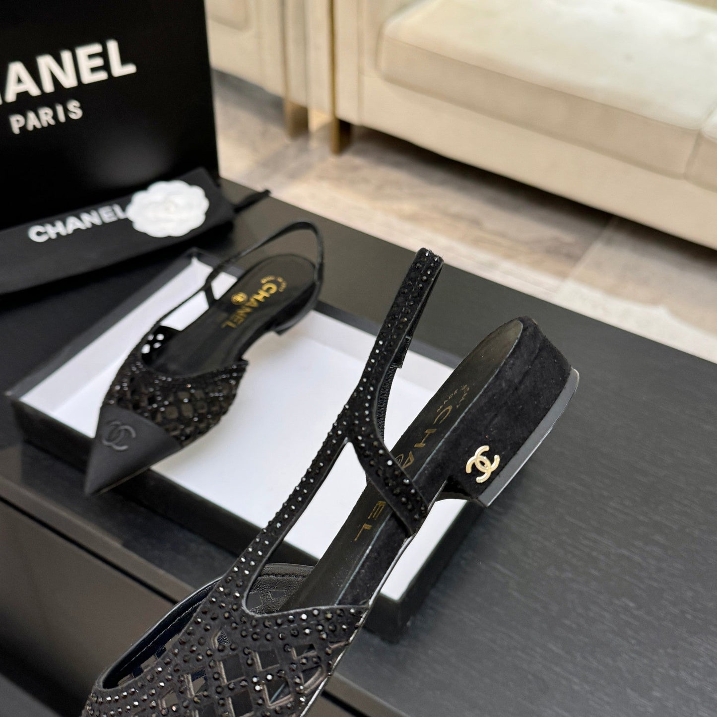 CC 26s Rhinestone Slingback Flat Shoe Black Suede Canvas 907696