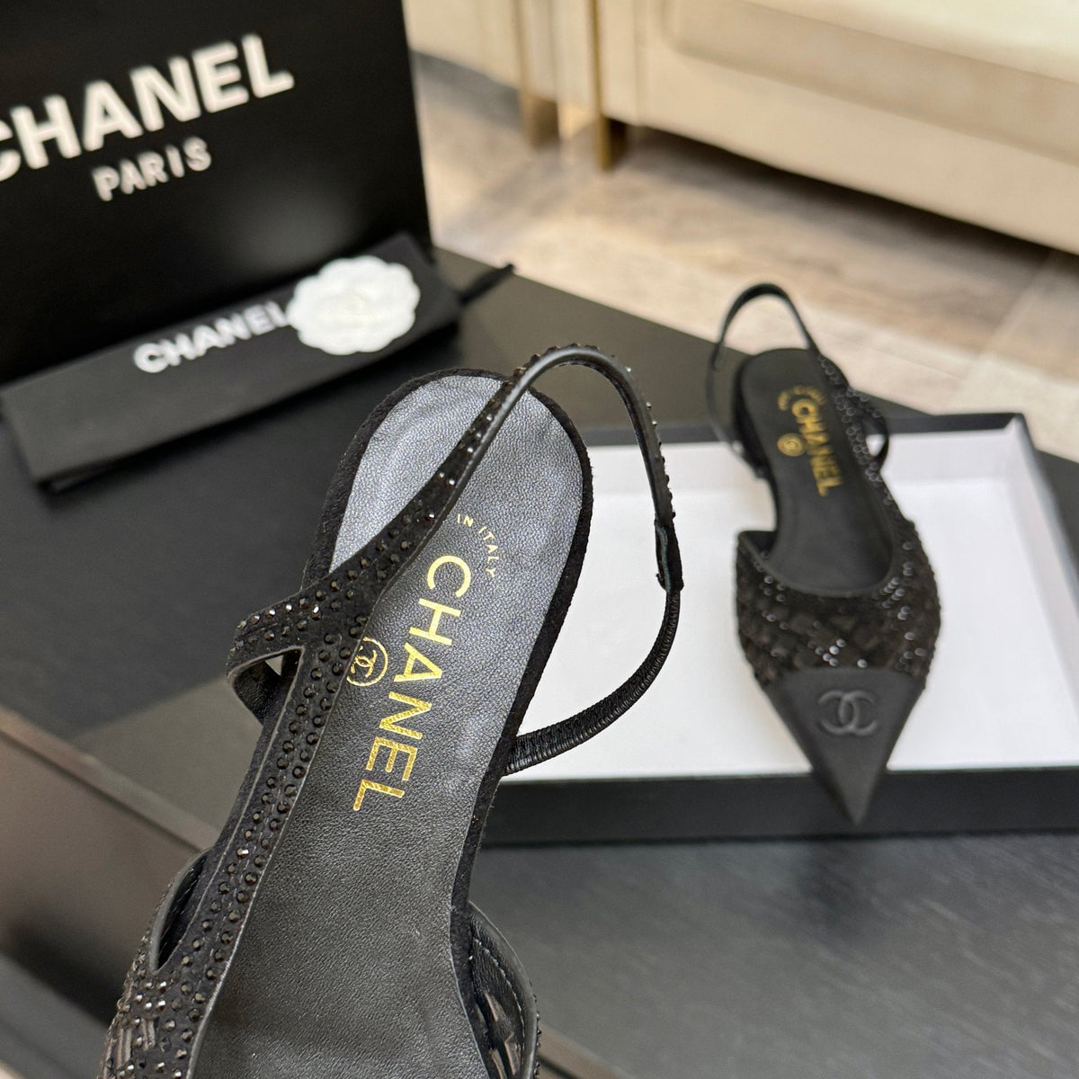 CC 26s Rhinestone Slingback Flat Shoe Black Suede Canvas 907696
