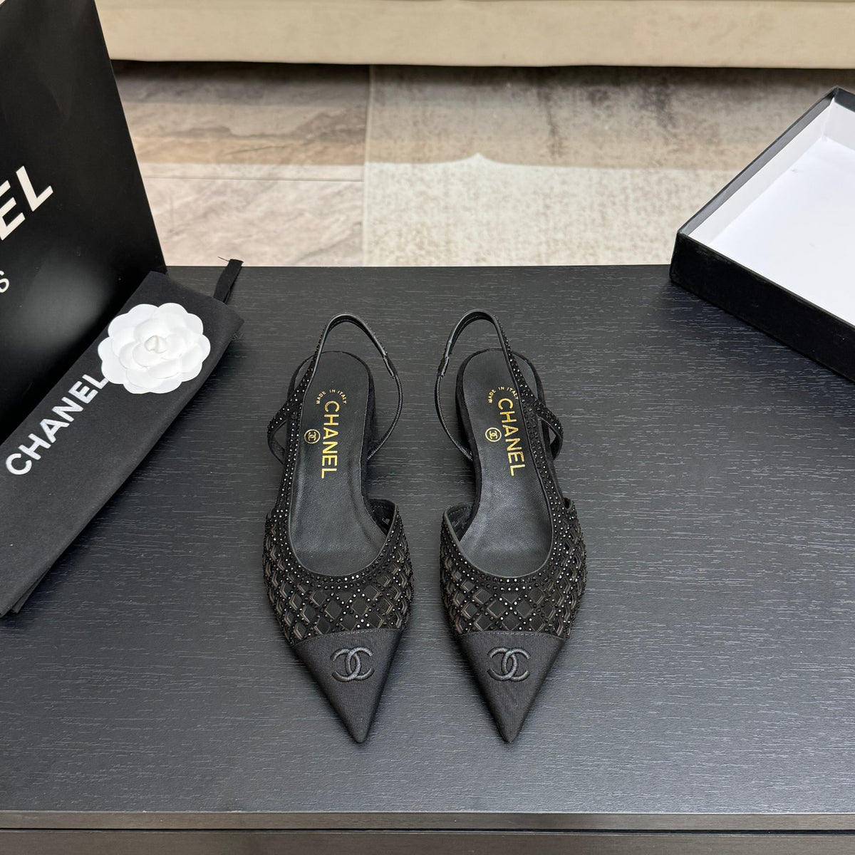 CC 26s Rhinestone Slingback Flat Shoe Black Suede Canvas 907696