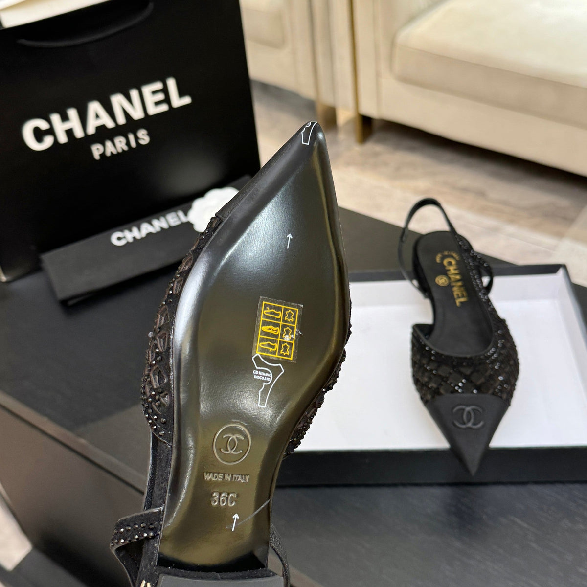 CC 26s Rhinestone Slingback Flat Shoe Black Suede Canvas 907696