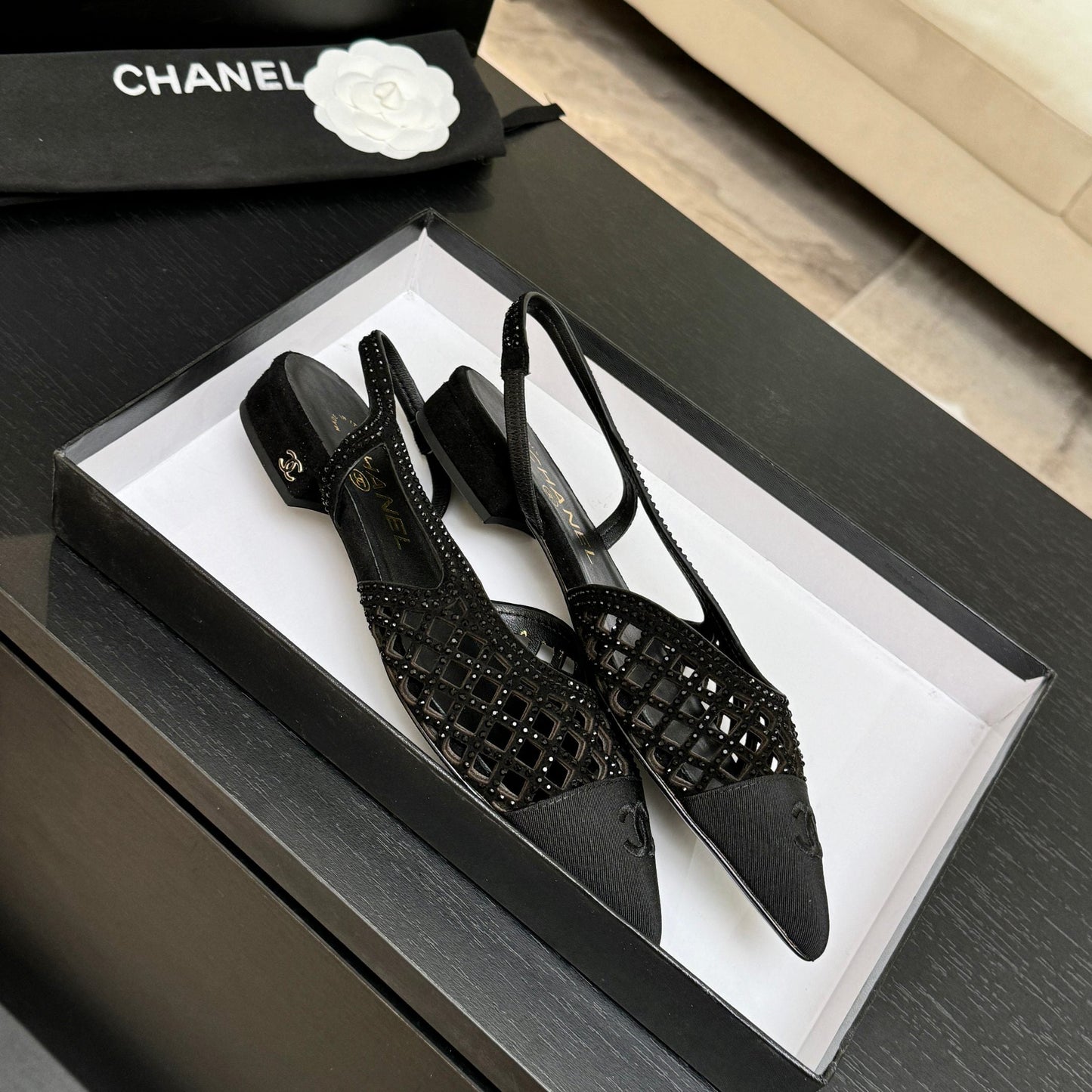 CC 26s Rhinestone Slingback Flat Shoe Black Suede Canvas 907696