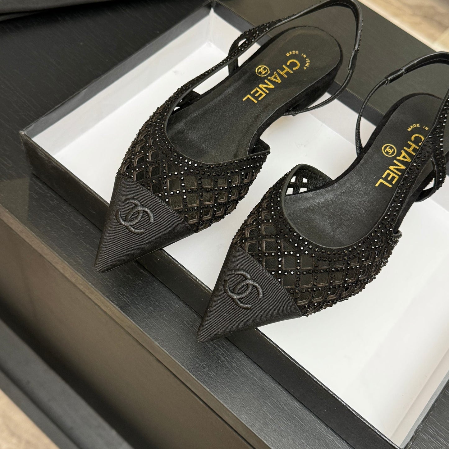 CC 26s Rhinestone Slingback Flat Shoe Black Suede Canvas 907696