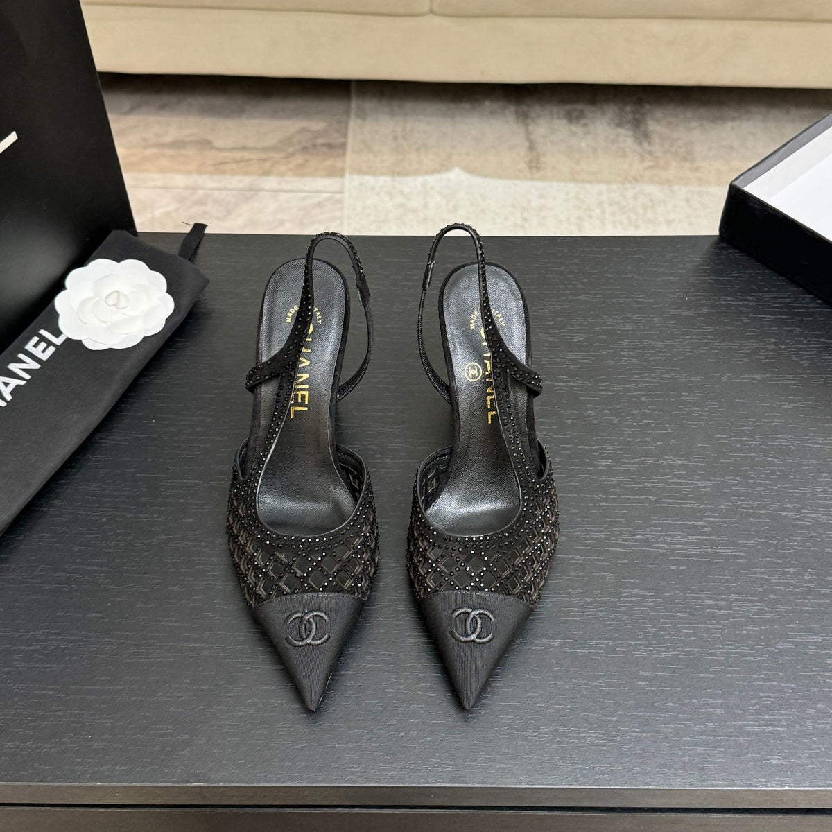 CC 26s Rhinestone Pointed-Toe Shoe Black Suede Canvas 907703