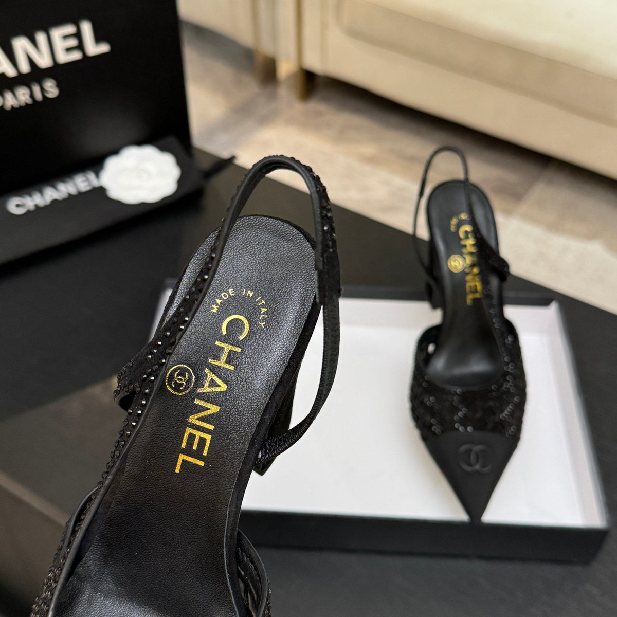 CC 26s Rhinestone Pointed-Toe Shoe Black Suede Canvas 907703