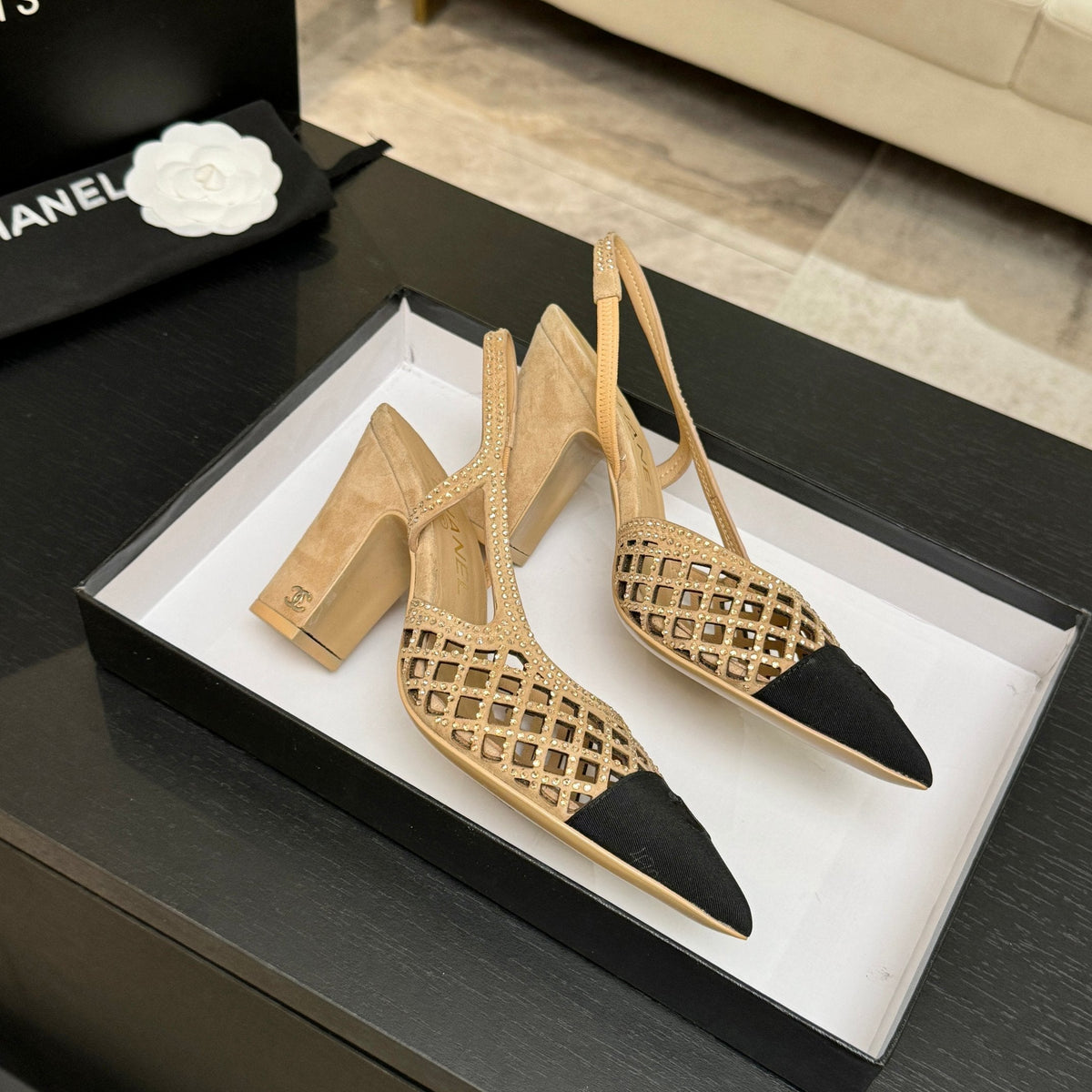 CC 26s Rhinestone Pointed-Toe Shoe Beige Black Suede Canvas 907704