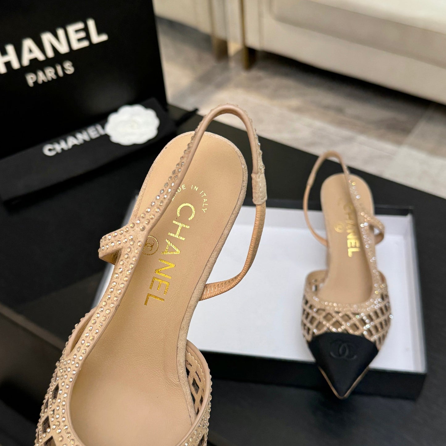 CC 26s Rhinestone Pointed-Toe Shoe Beige Black Suede Canvas 907704