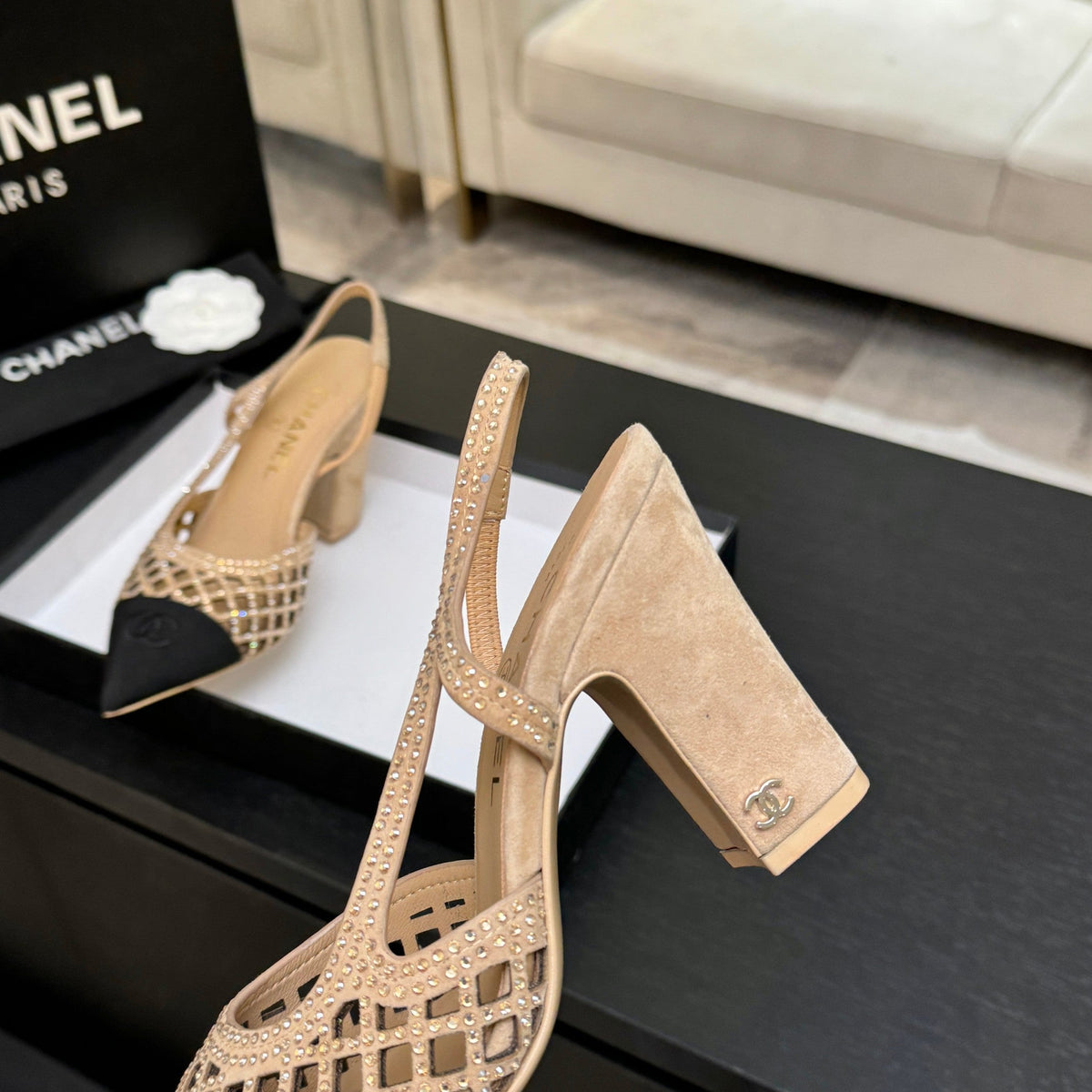CC 26s Rhinestone Pointed-Toe Shoe Beige Black Suede Canvas 907704