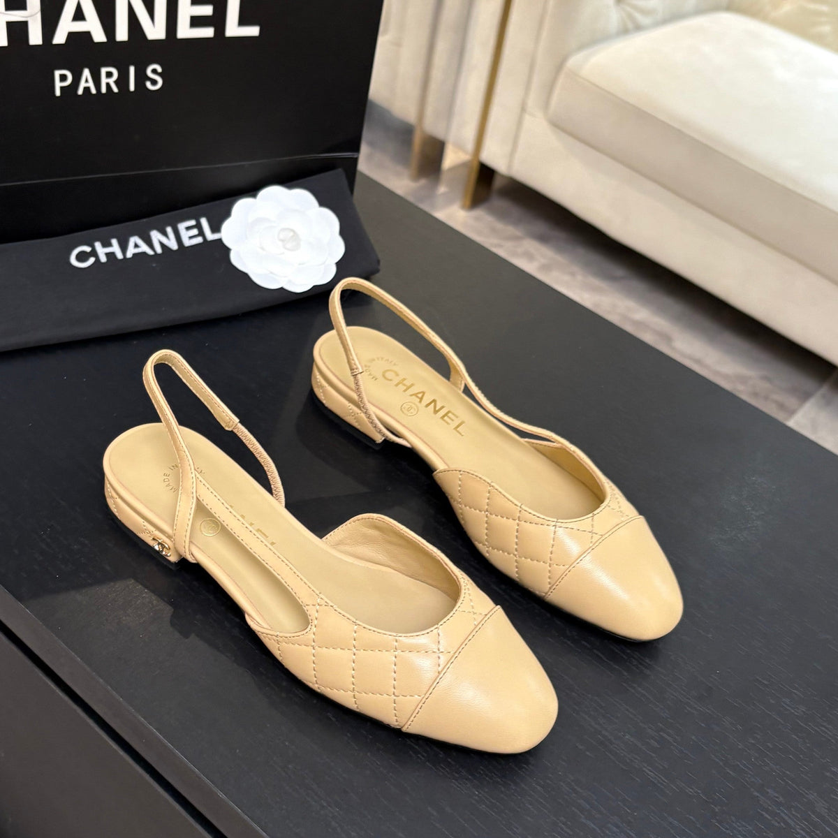 CC 26s Block Heel Slingback 1.5cm Beige Quilted Lambskin 957984