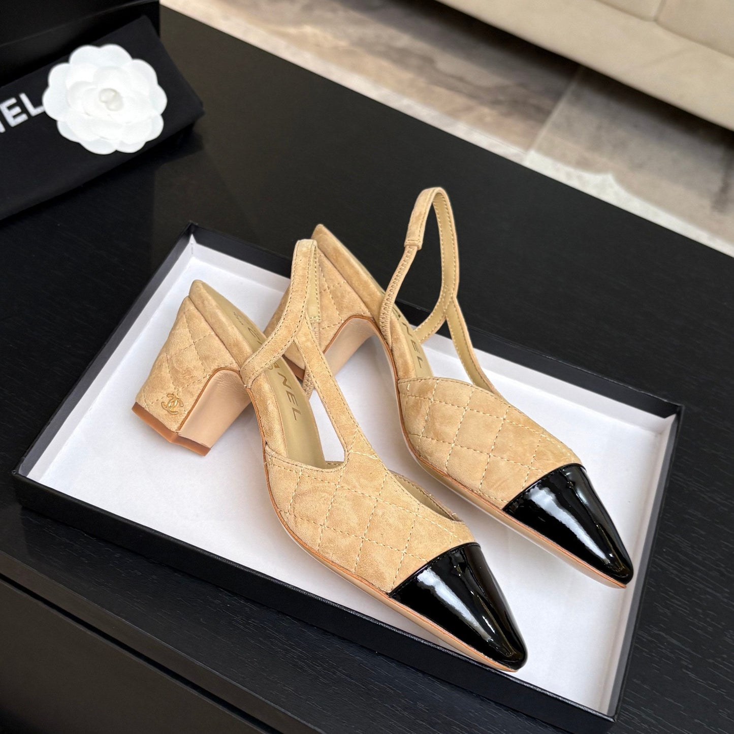 CC 26s Block Heel Slingback 6cm Beige Quilted Suede 957989