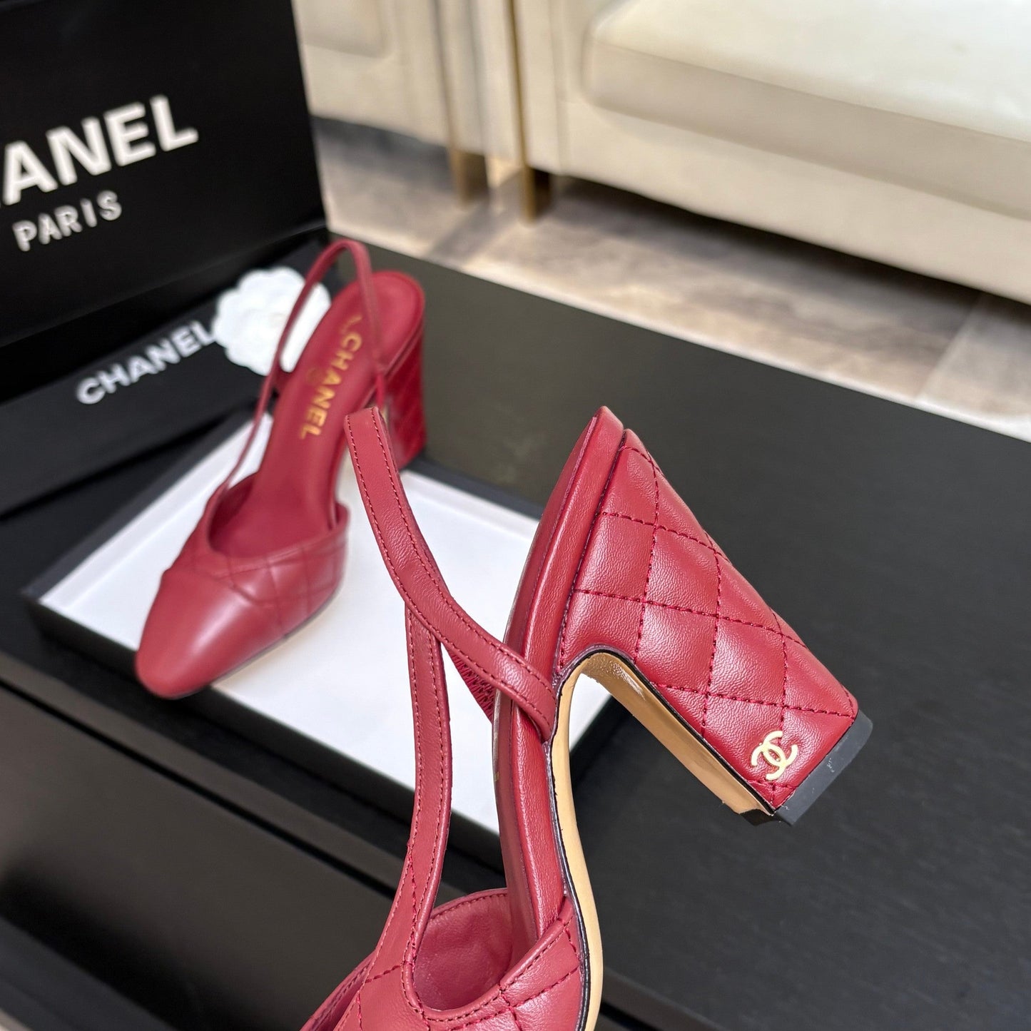 CC 26s Block Heel Slingback 9cm Red Quilted Lambskin 958001