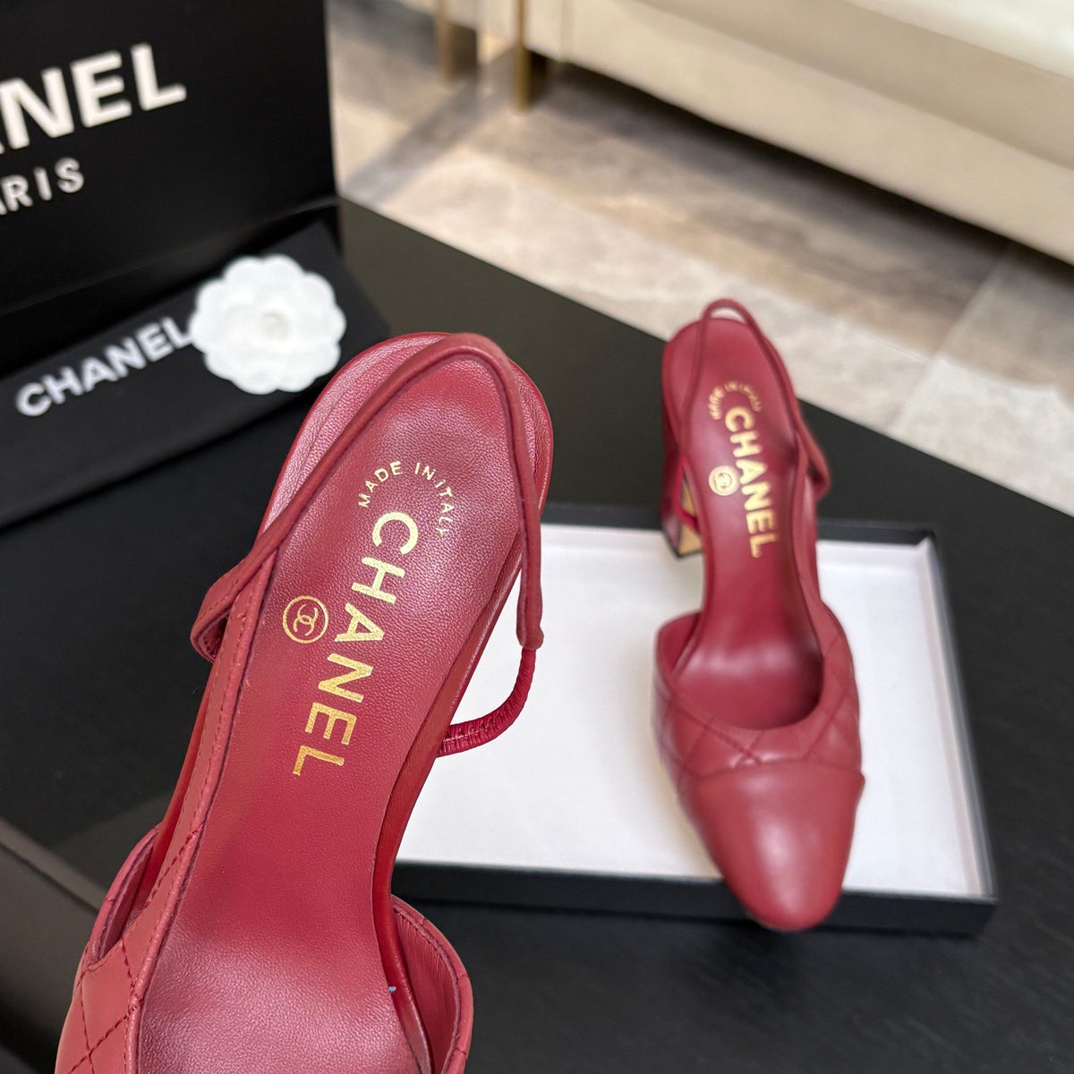 CC 26s Block Heel Slingback 9cm Burgundy Quilted Lambskin 958000