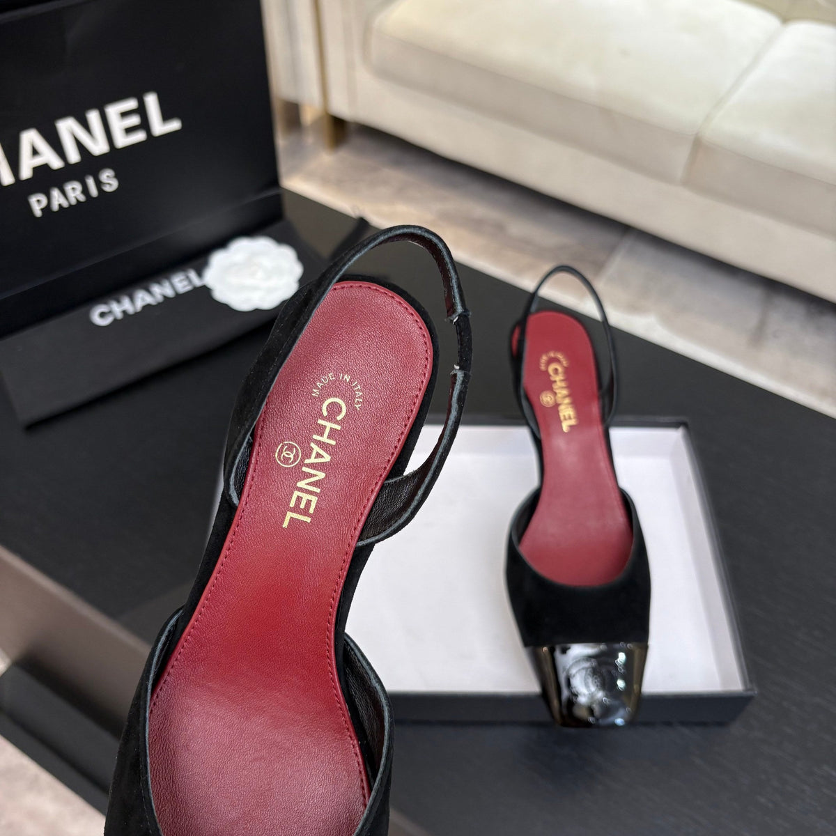 CC 26s Square Cap Toe Slingback 7cm Black Suede Patent Leather 958024