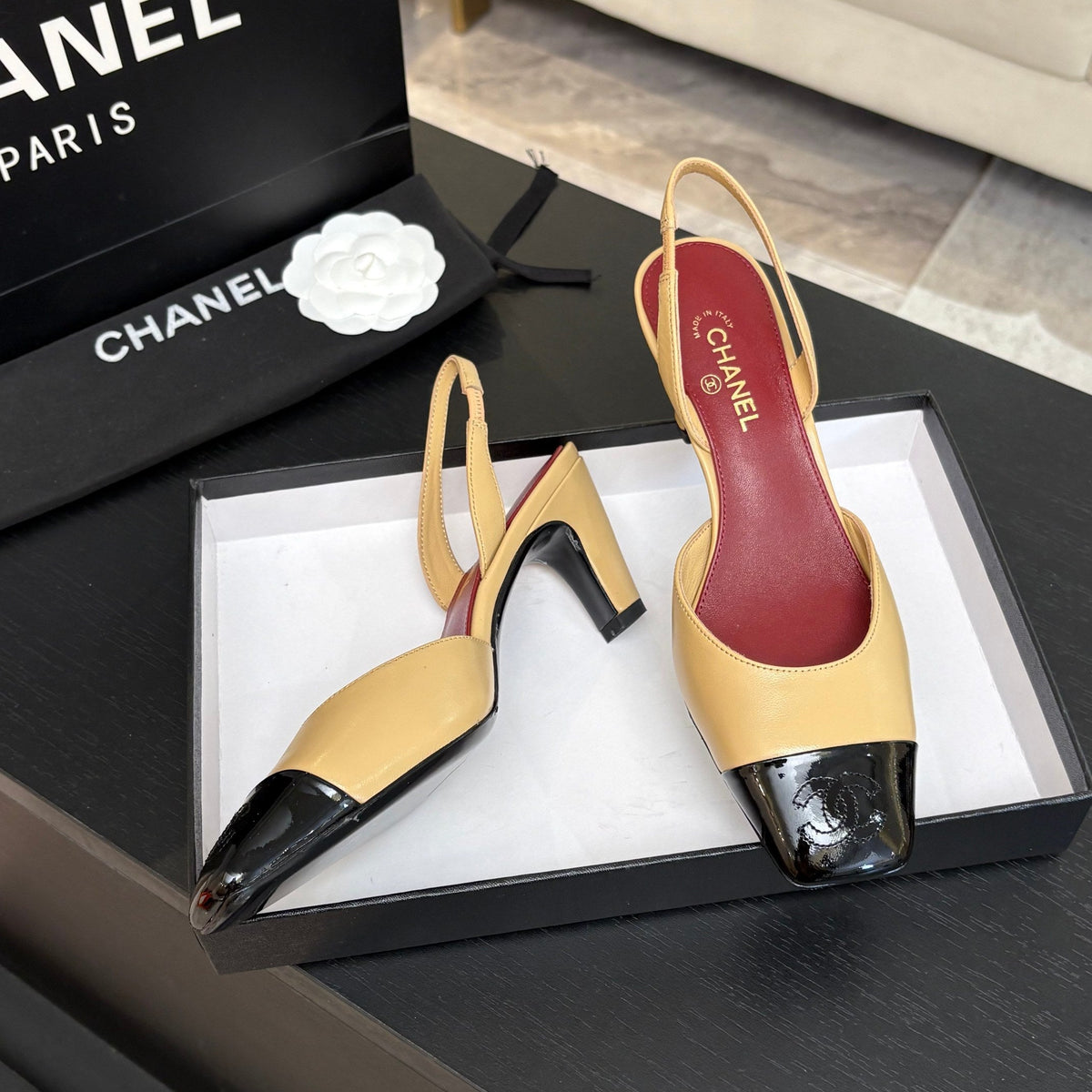 CC 26s Square Cap Toe Slingback 7cm Black Beige Lambskin Patent Leather 958027