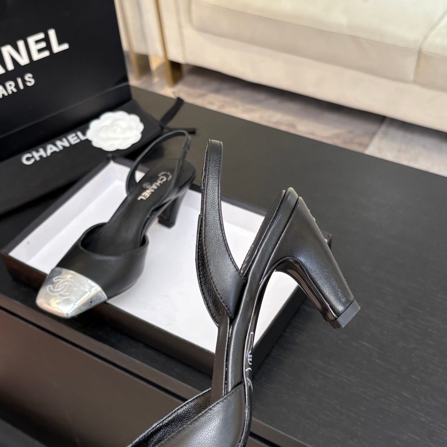 CC 26s Square Cap Toe Slingback 7cm Black Sliver Lambskin 958028