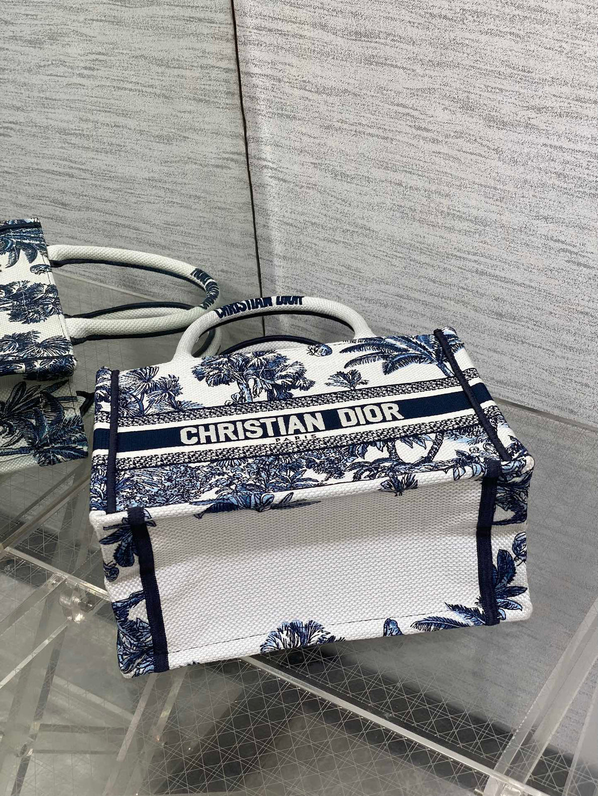 CD Small Dior Book Tote Tropical Pattern Slate Blue White Black Cotton