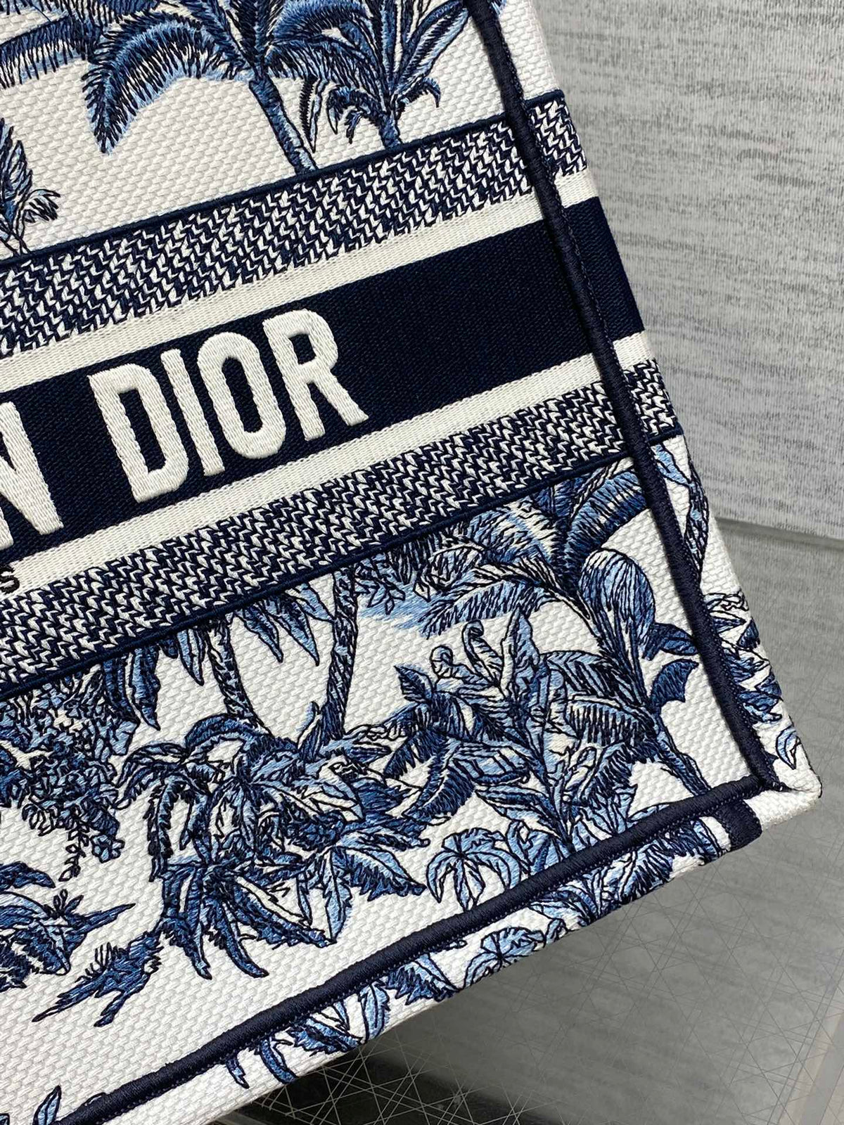 CD Medium Dior Book Tote Tropical Pattern Slate Blue White Black Cotton