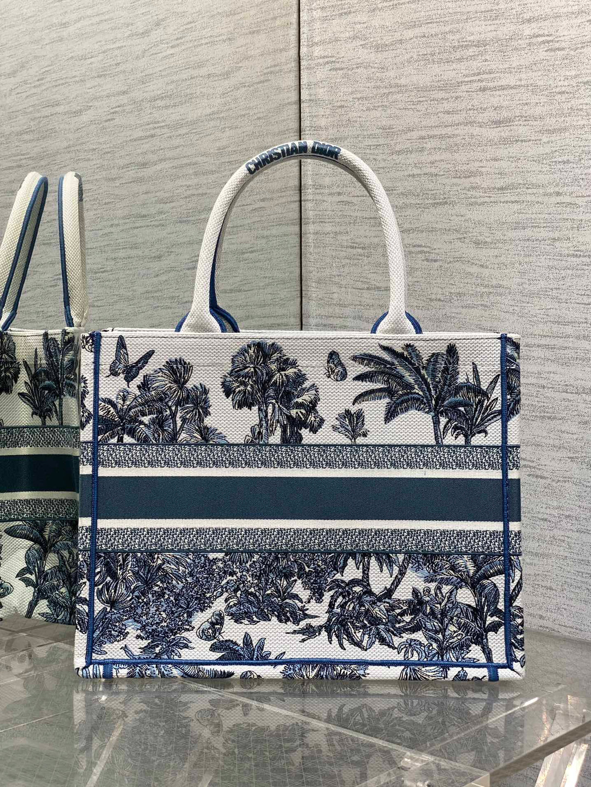 CD Medium Dior Book Tote Tropical Pattern Slate Blue White Cotton