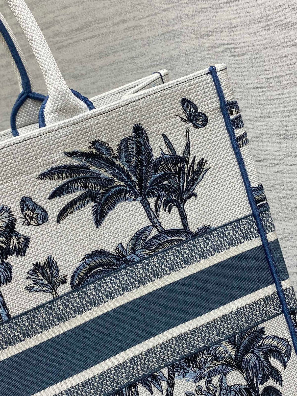 CD Large Dior Book Tote Tropical Pattern Slate Blue White Cotton