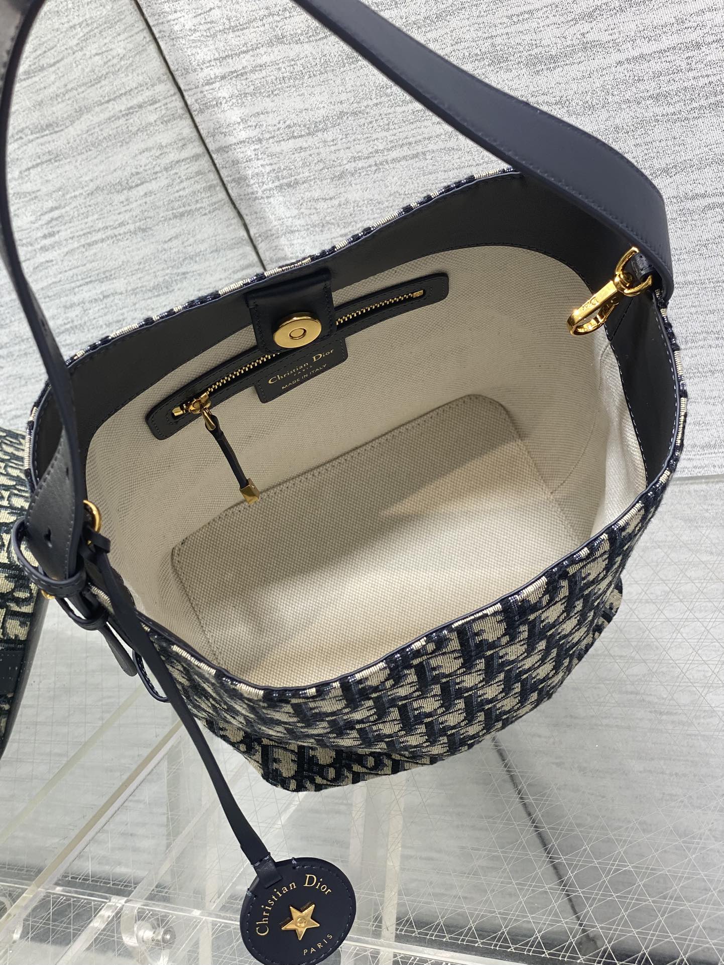 Dior 2025 Star Bucket Bag Navy Blue mix Beige Canvas Leather 270450