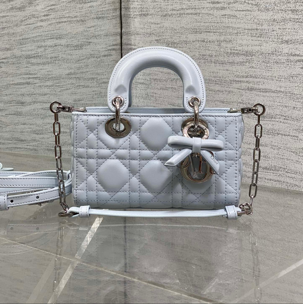 Dior 2026 Bow D-Joy Micro Bag 16cm Glacier Blue Lambskin