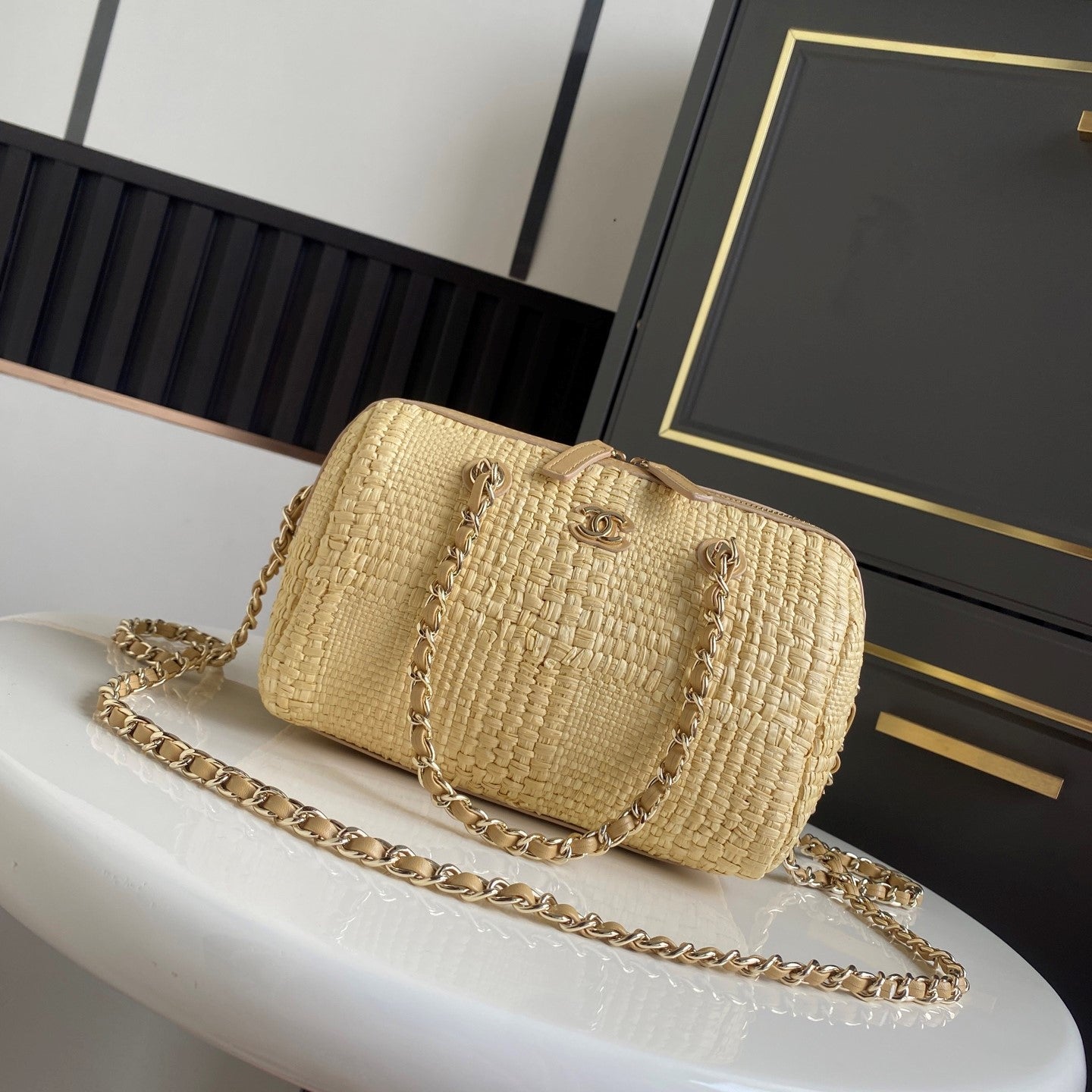 CC 26P AS4474 Mini Bowling Bag 18.5cm Beige Woven