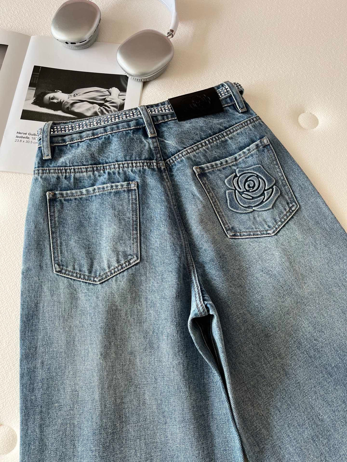 CC Rhinestone Belt Wide-Leg Jeans Blue Denim 351177