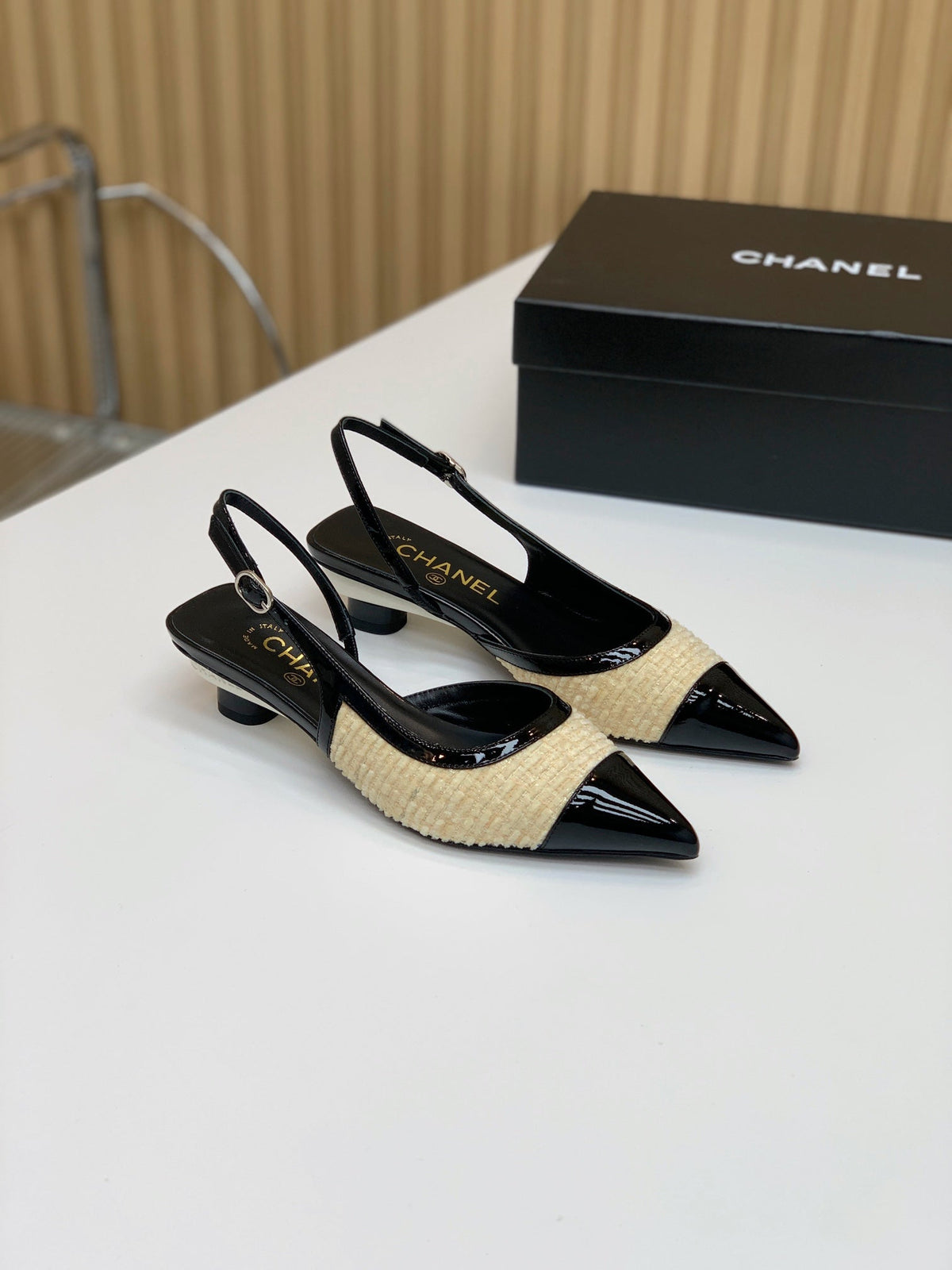 CC 26s Slingback 3.5cm Black Beige Wool Patent Calfskin 792592
