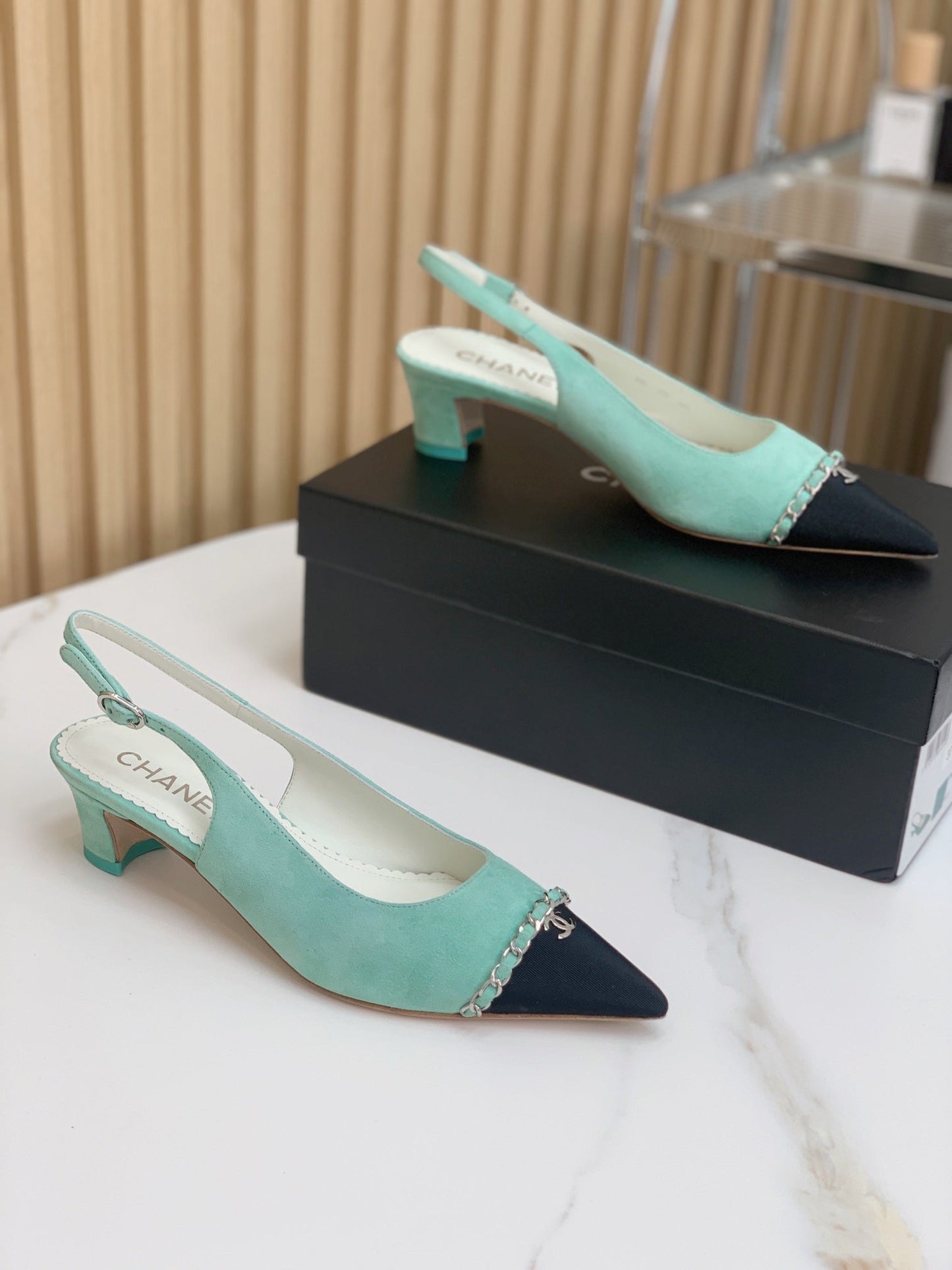 CC 26s Slingback 4.5cm Chain Teal Blue Suede 792603