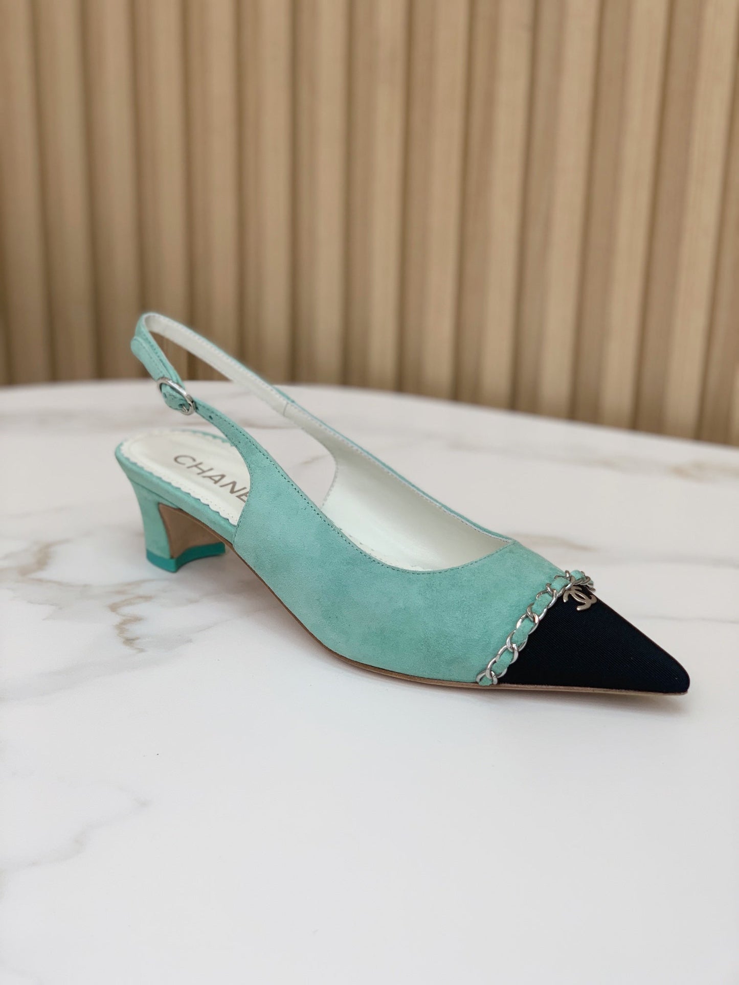 CC 26s Slingback 4.5cm Chain Teal Blue Suede 792603
