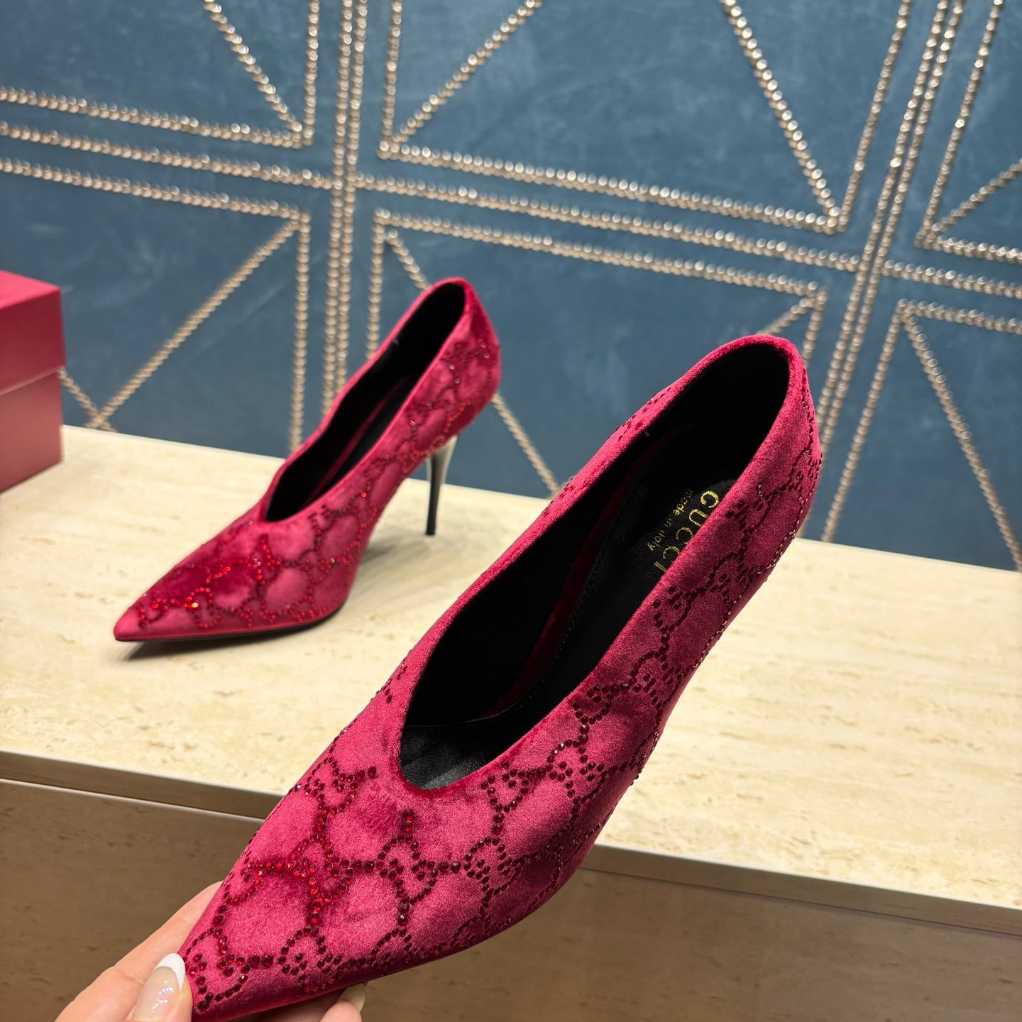 GG High-Heeled Pump 10.5cm Burgundy Velvet 741292
