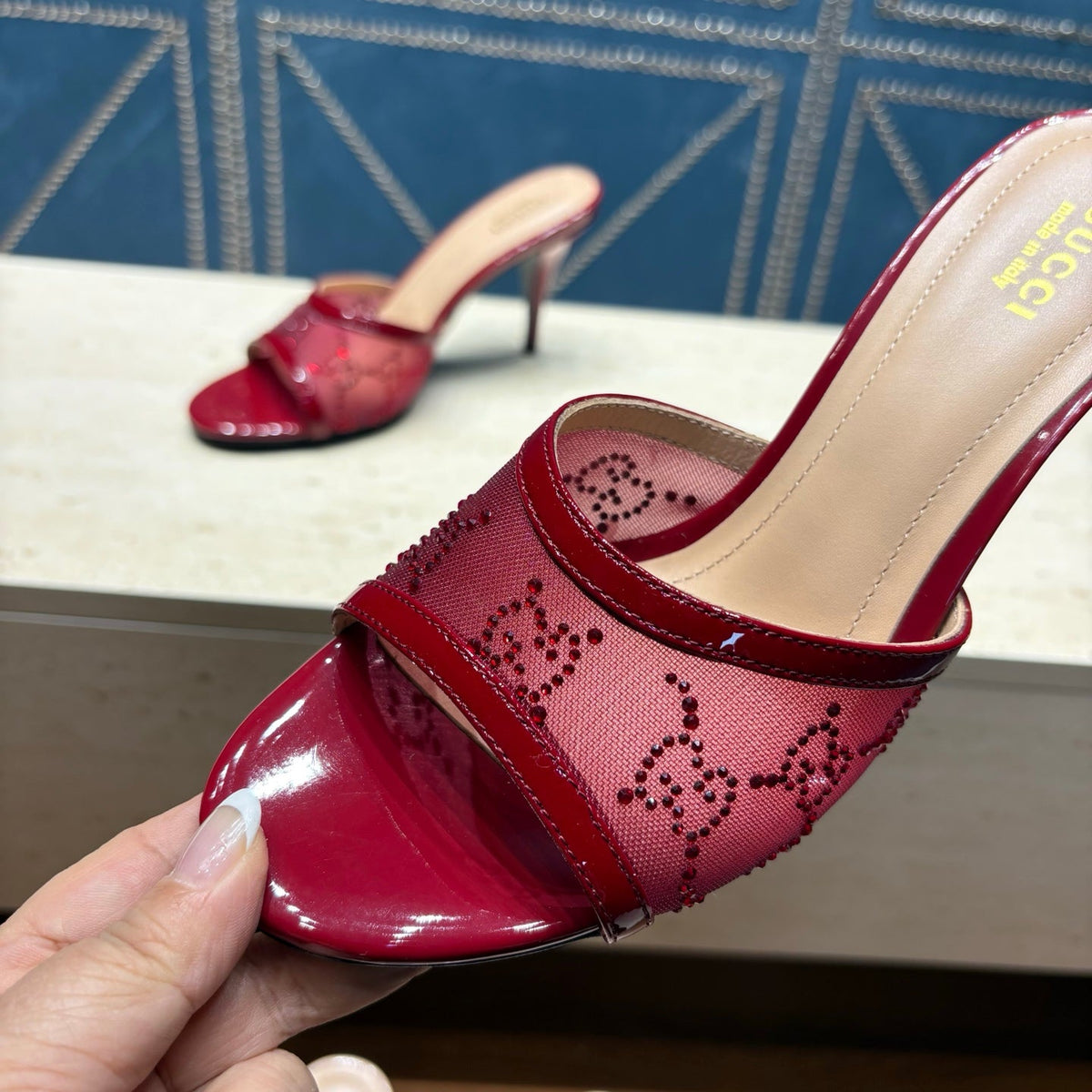 GG Women's Crystal Slide 8.5cm Sandal Burgundy Mesh Leather 741297