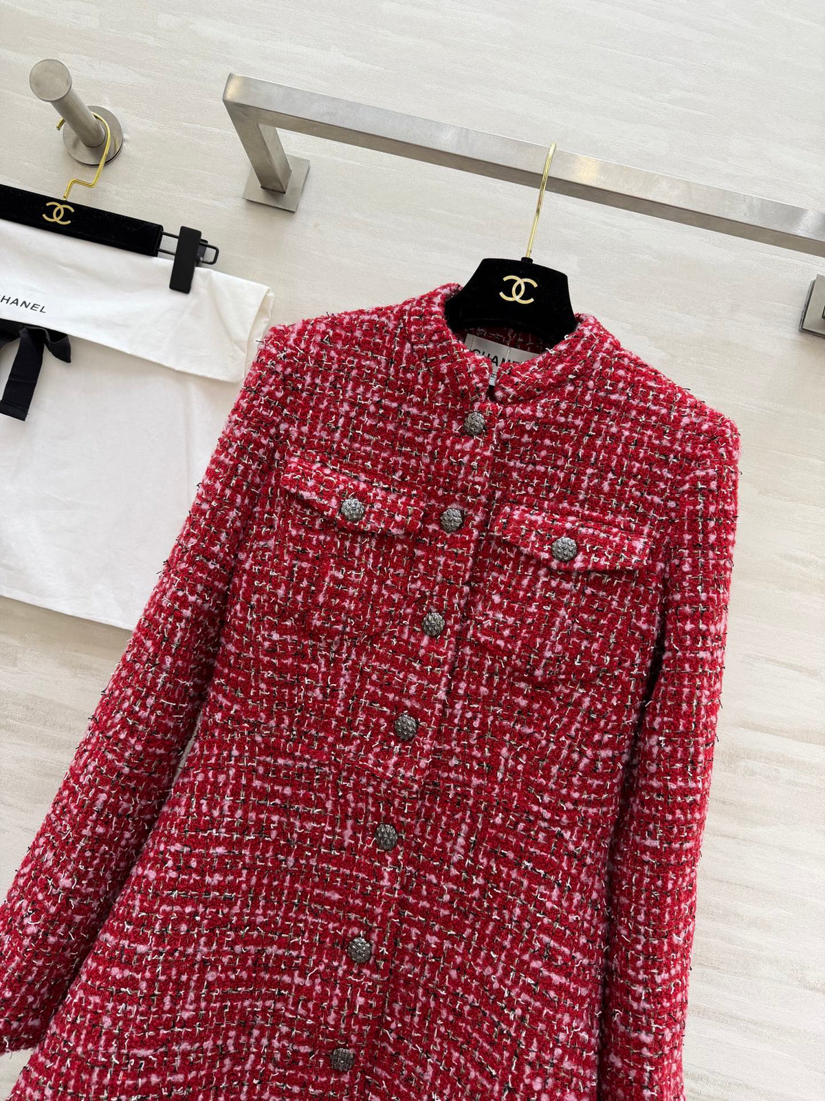 CC Woven Tweed Long-Sleeved Dress Red Pink Tweed 343197