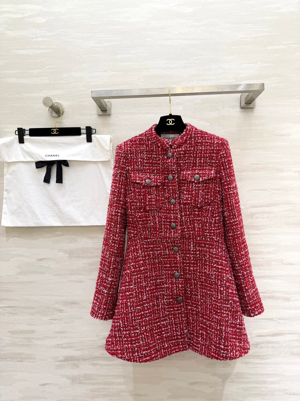 CC Woven Tweed Long-Sleeved Dress Red Pink Tweed 343197