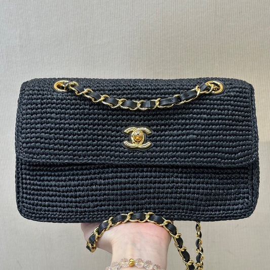 CC 26s Coco Beach Flap Bag Black Raffia 143485