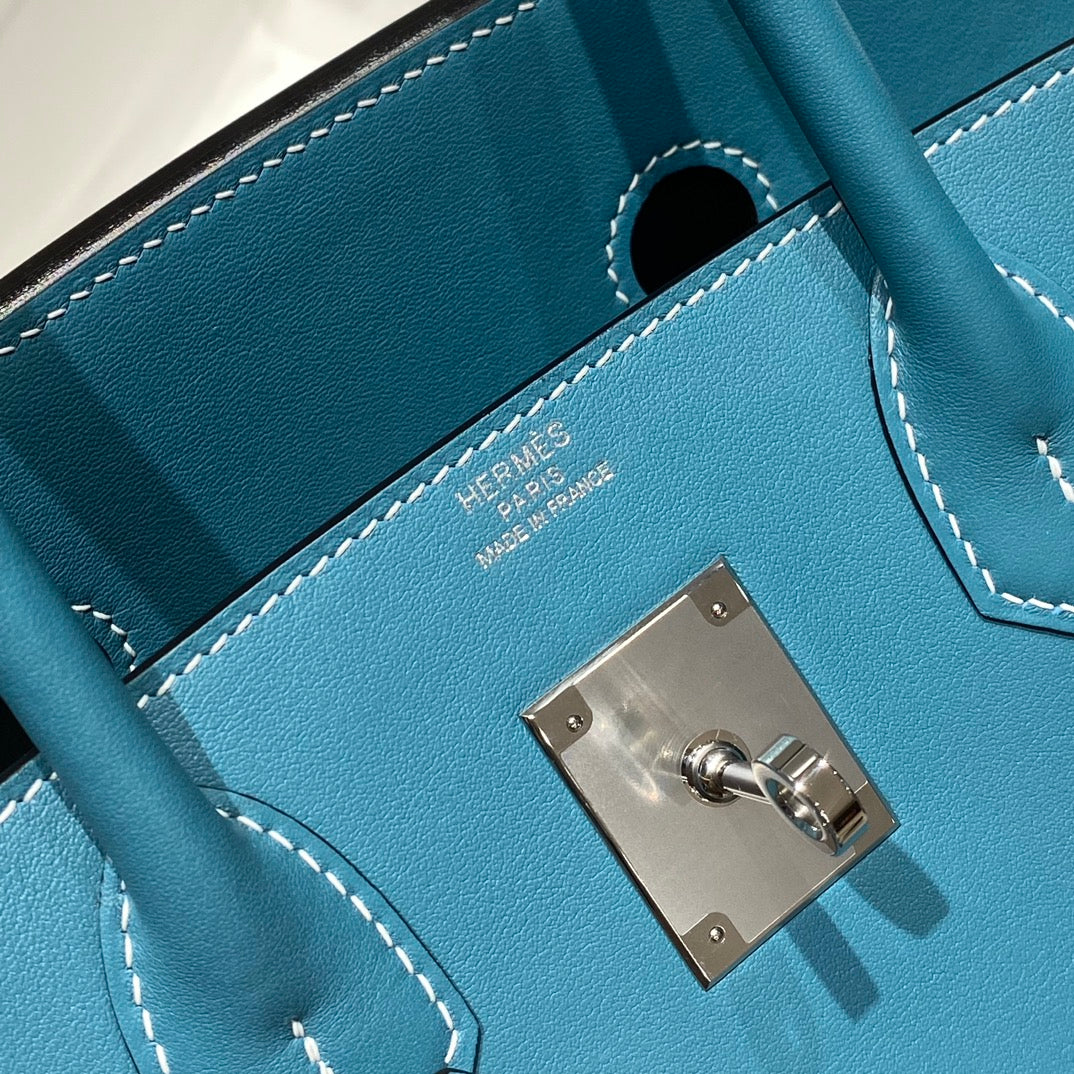 HM Shoulder Birkin 29cm Blue Denim Swift Leather Silver Hardware