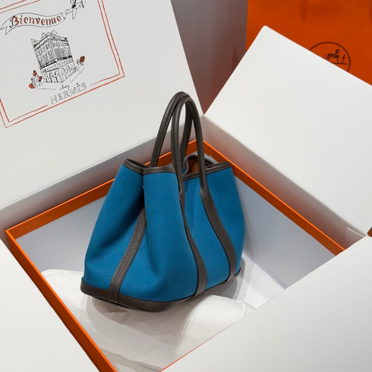 HM Garden Party 30cm Bag Chocolate Togo Blue Canvas