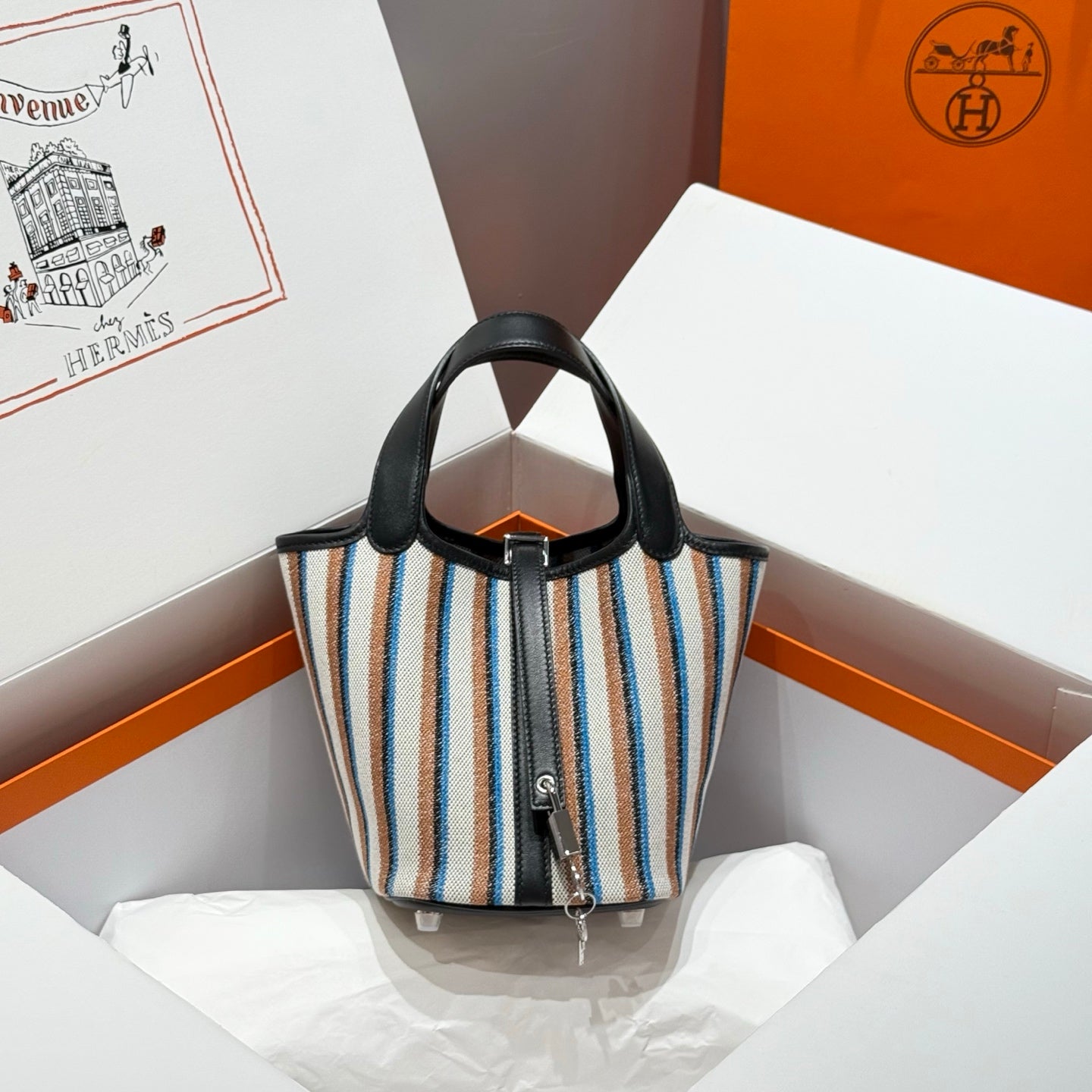 Picotin Lock 18 Black Swift Calfskin Multicolor Canvas