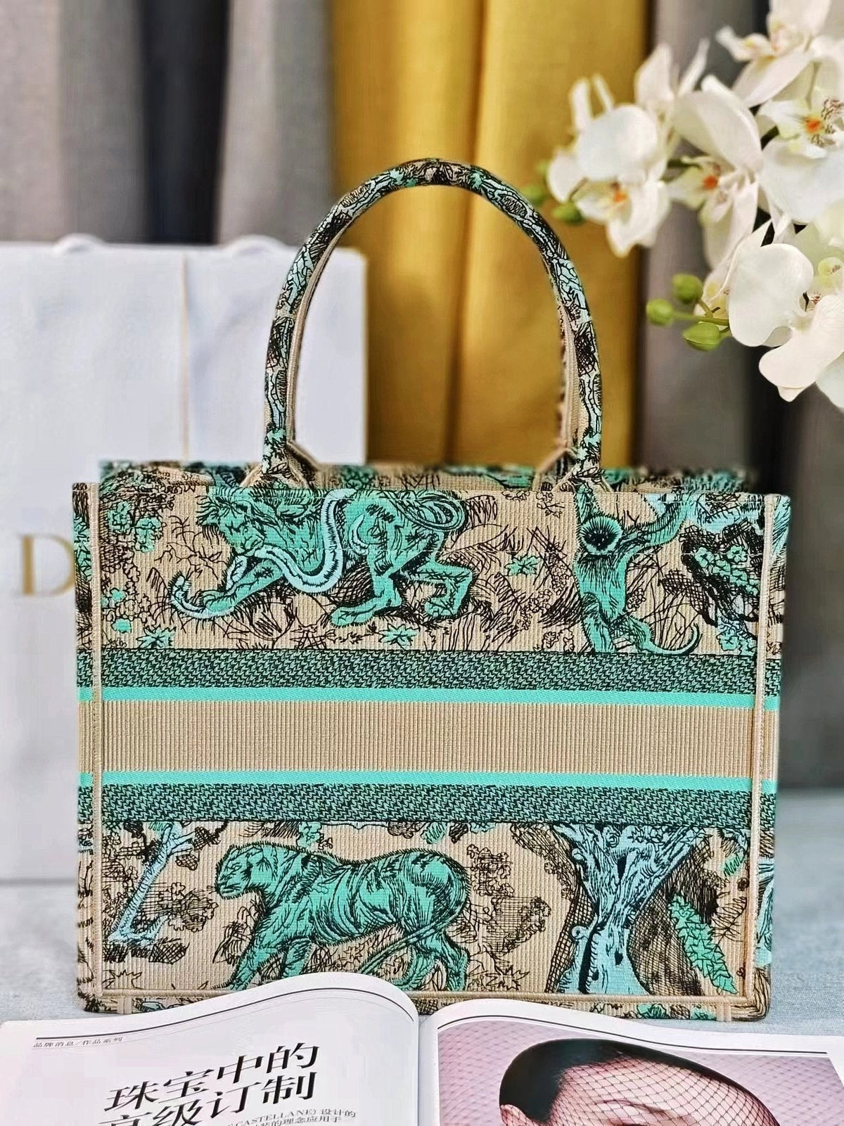 medium dioriviera book tote 36 tiffany blue tiger embroidery canvas