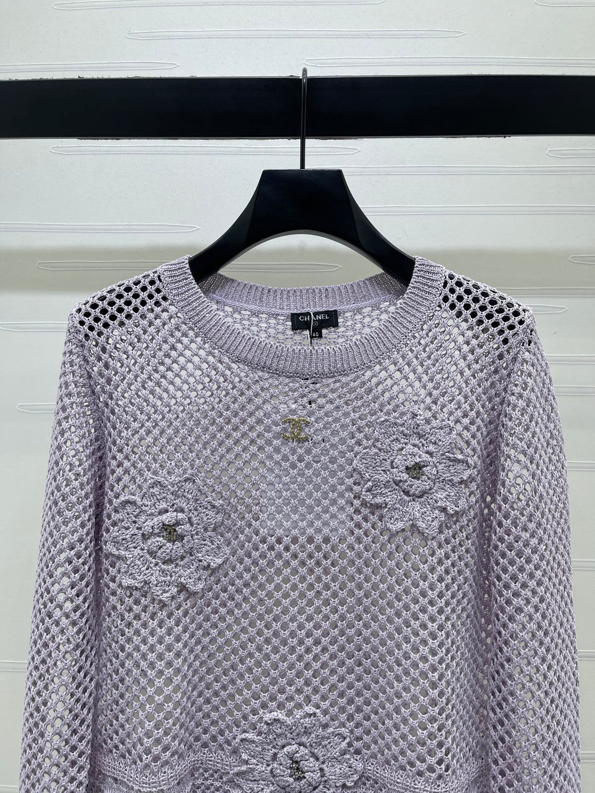 CC 26s Hollow-Out Crochet Knit Long-Sleeved Top Purple Wool 406546