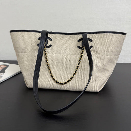 CC 2026 Coco Beach Beach Tote Bag 46cm Off-white mix Black Canvas Leather