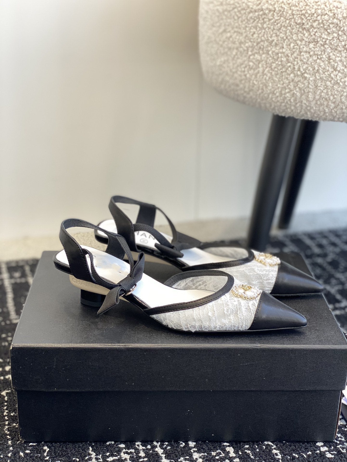 slingbacks 45 white tweed black lambskin