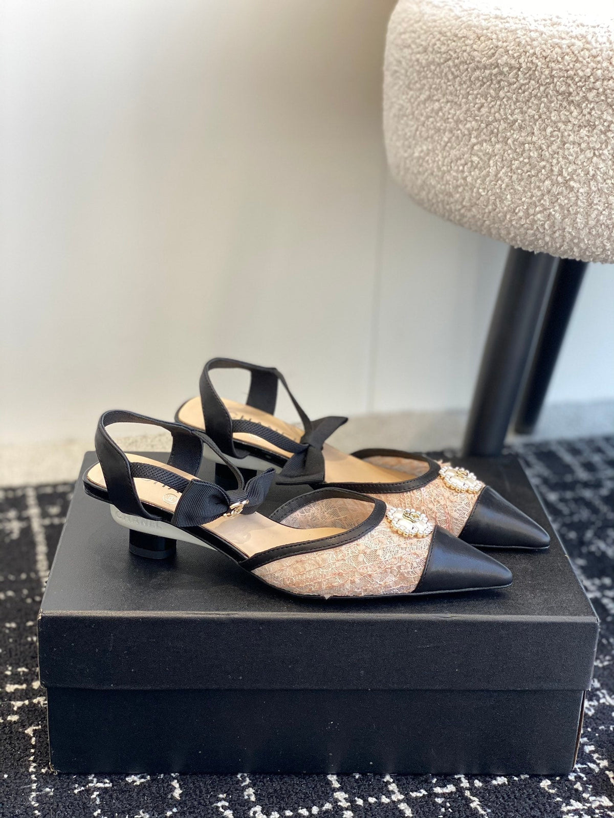 slingbacks 45 beige black tweed lambskin