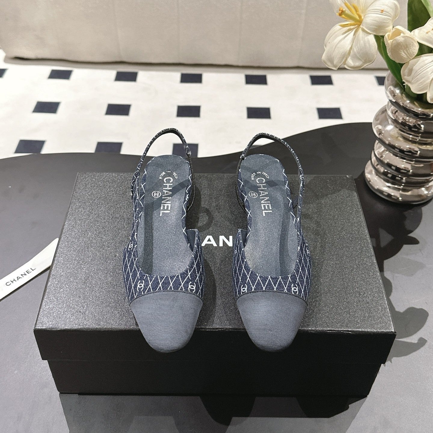 cc 25c slingback flat 15mm cross line pattern dark blue denim 237486